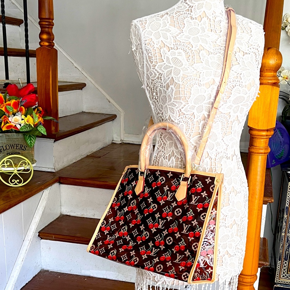 NWOT brown clear cherry printed tote
